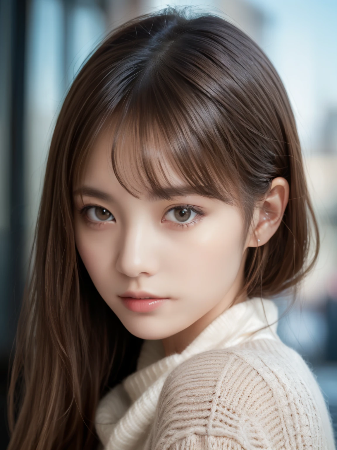 (masuter piece:1.3)、(8K、Photorealsitic、Raw photography、top-quality: 1.4)、(1girl in)、age19、美丽的面容、(Lifelike face)、(Brown hair:1.5)、(Medium Hair)、Beautiful hairstyle、（One eye is hidden by bangs：1.2）、view front、beatiful detailed eyes、（real looking skin）、Beautiful skins、（grey sweater）、absurderes、enticing、超A high resolution、A hyper-realistic、high-detail、the golden ratio