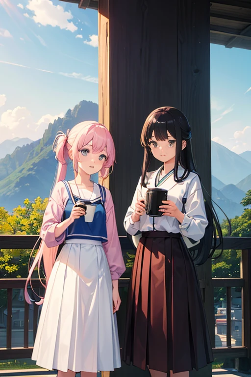 Two anime girls in long skirts stand in front of the mountain, Watching the sun set. jpn, benefit, screenshot from the anime film, anime movie screenshot, witch academia, benefitn from konosuba, anime film still, 2 0 1 9 animation screenshots, anime movie scene, anime scene, Screenshot of the 2012 animation