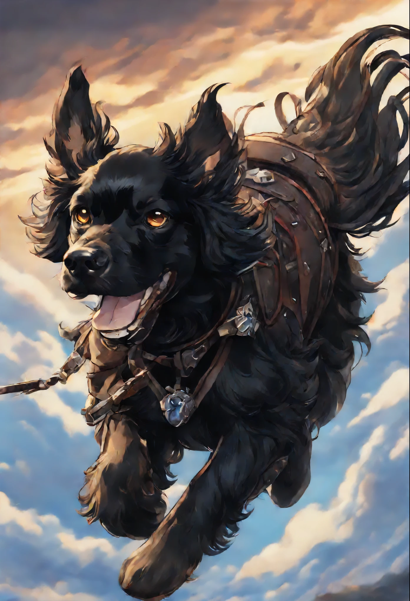 Close-up of a Russian Spaniel,  Color (black)  curly runs in a race with the clouds, curly black russian spaniel runs a race with the clouds, fluffy clouds, casimir art, illustration of shigenori soejima, boris valejo. Smiling Russian Spaniel dog, Detailed drawing of an anime character, detailed anime key figure, Granblue Fantasy, Beautiful owl in demon slayer art, Taisho Roman, A clear portrait of an RPG, Masamune Shiro, anime key figure