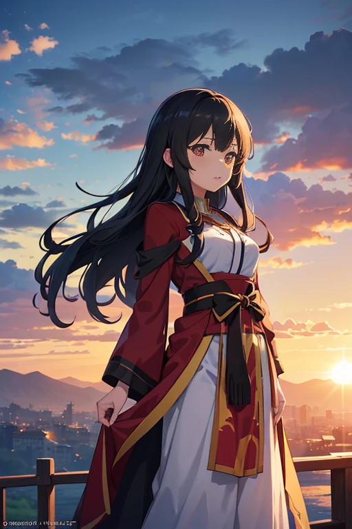 (two girls in long dresses, sun setting behind the mountains, Japanese anime, Megumin from Konosuba, anime movie screenshot, anime movie still, witch academy, 2019 anime screenshot, anime movie scene, anime scenery, 2012 anime screenshot, best quality, 4k, highres, masterpiece:1.2, ultra-detailed, realistic:1.37, HDR, vivid colors, studio lighting)