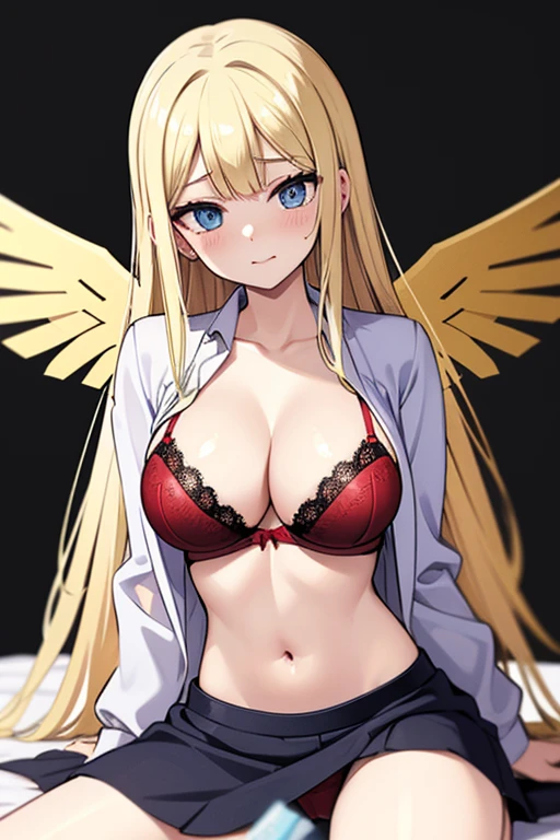 ((Best Quality)), ((Masterpiece)), (detailed), perfect faces, blonde hair, blue eyes, large breast, sexy, red bra, red lingerie, red underwear, cum in pussy, breast milk, angel wings