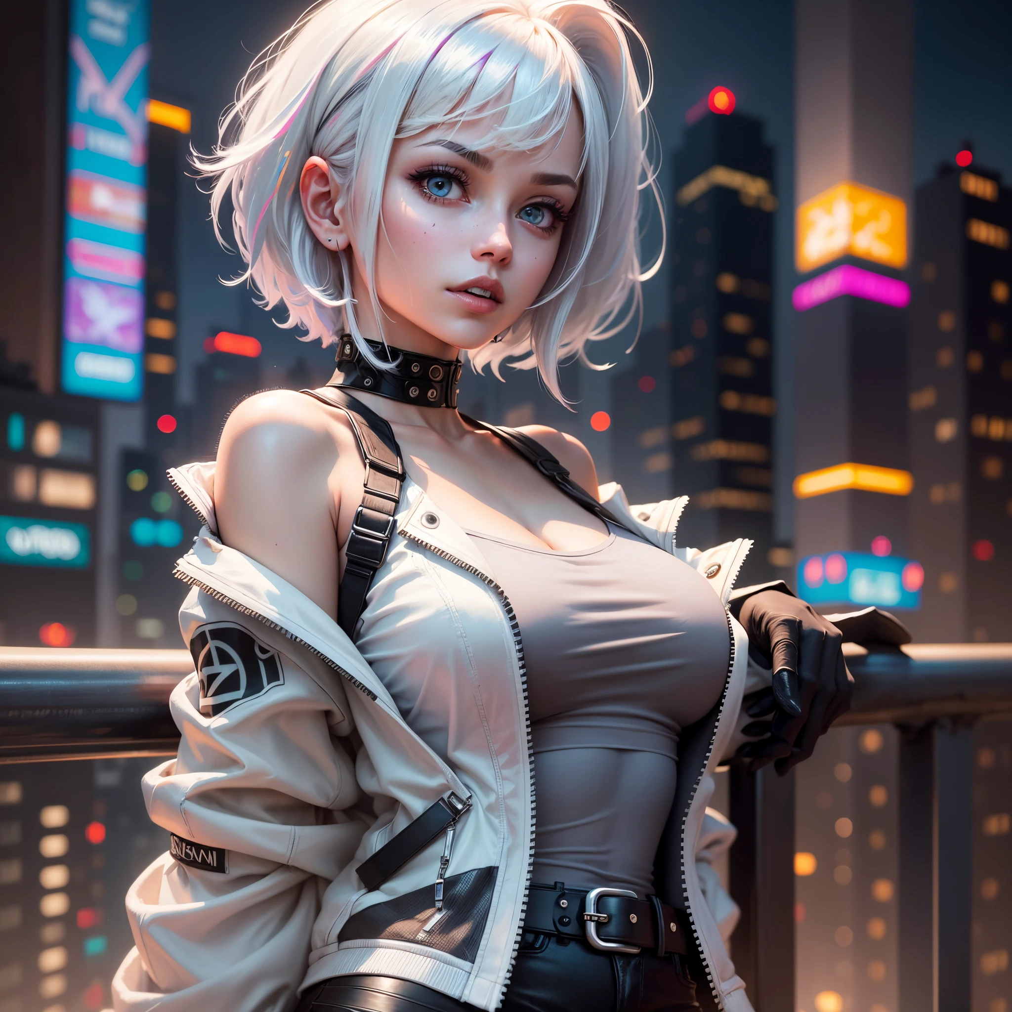 (((masterpiece)))、(((top-quality)))、((ultra-definition))、(High Definition CG Illustration)、((extremely delicate and beautiful))、Cyber City、Cinematic Light、Angel Fashion、Body glitter、remodel、Girl with a shearing hairstyle、Unconventional、2080s、animesque、girl with、trending on artstationh、Rachel Walker