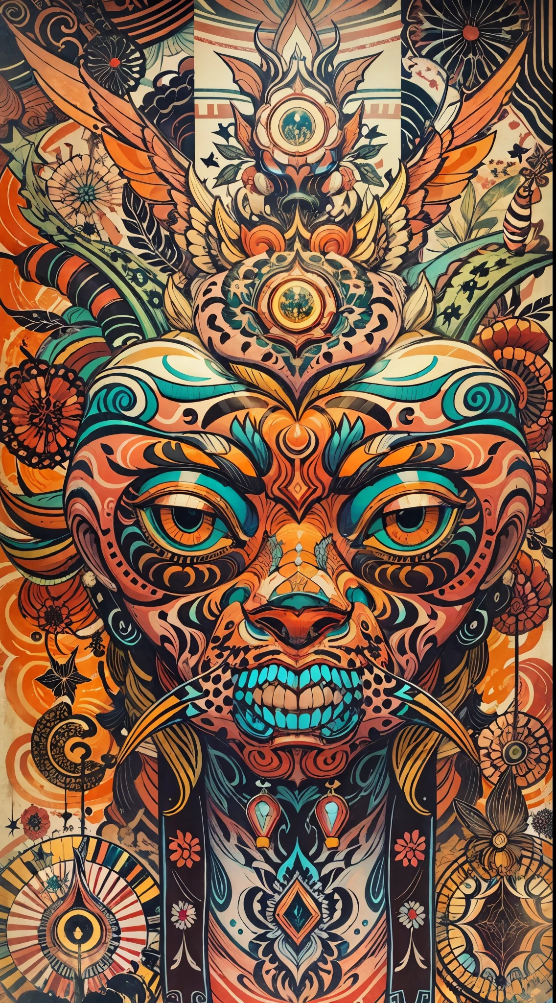 Explosive, otherworldly painting of a shape-shifting deity adorned with chaotic Totem motifs and omnipresent, piercing eyes, a breathtaking amalgamation of fine art and captivating photo collage, mesmerizing poster design:: their appearance exuded the enigmatic allure of Amazonian minimalism fused with cosmic chaos:: --ar 9:16 --s 963 --c 9 --q 2 --v 5