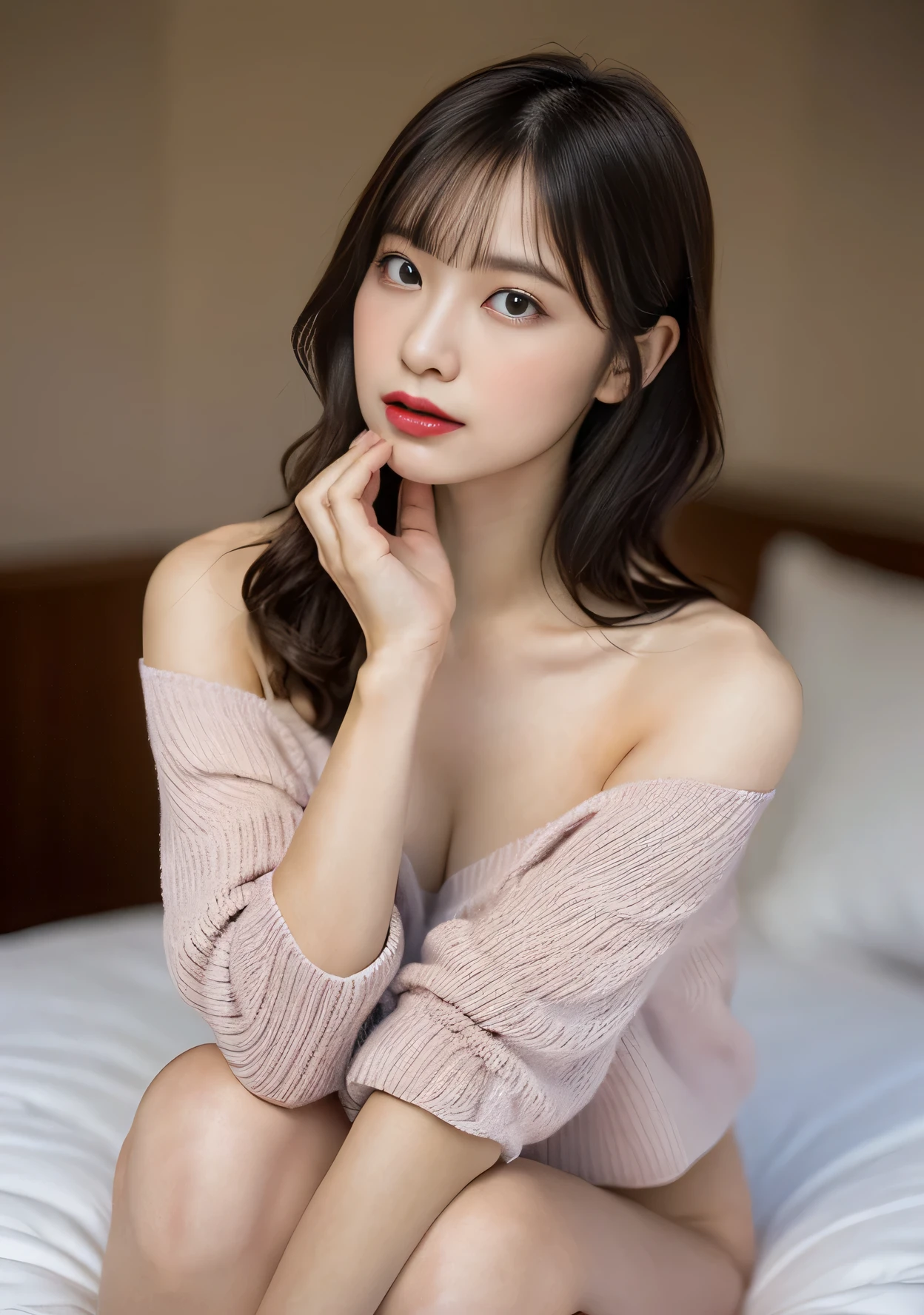 (Kneel on the bed and put your hand between your legs:1.2), longsl-sleeves sweater, (Half-closed eyes,looking away from viewer) Head Tilted, Spread legs, ((moaning, Horny, blush)), Smooth skin in moody lighting, with a woman sitting in the dark、The soft morning light seems to move over my body, (long light brown hair) and perfect body, thirds rule, Perfect composition, inspiration, Incredibly realistic rendering in 4K, Detailed bedroom, ((Small breasts, Pink nipples)), Fingering, silt, dildoオナニー,(funtoys, dildo, SEX_toy), ((Show your whole body and head)),