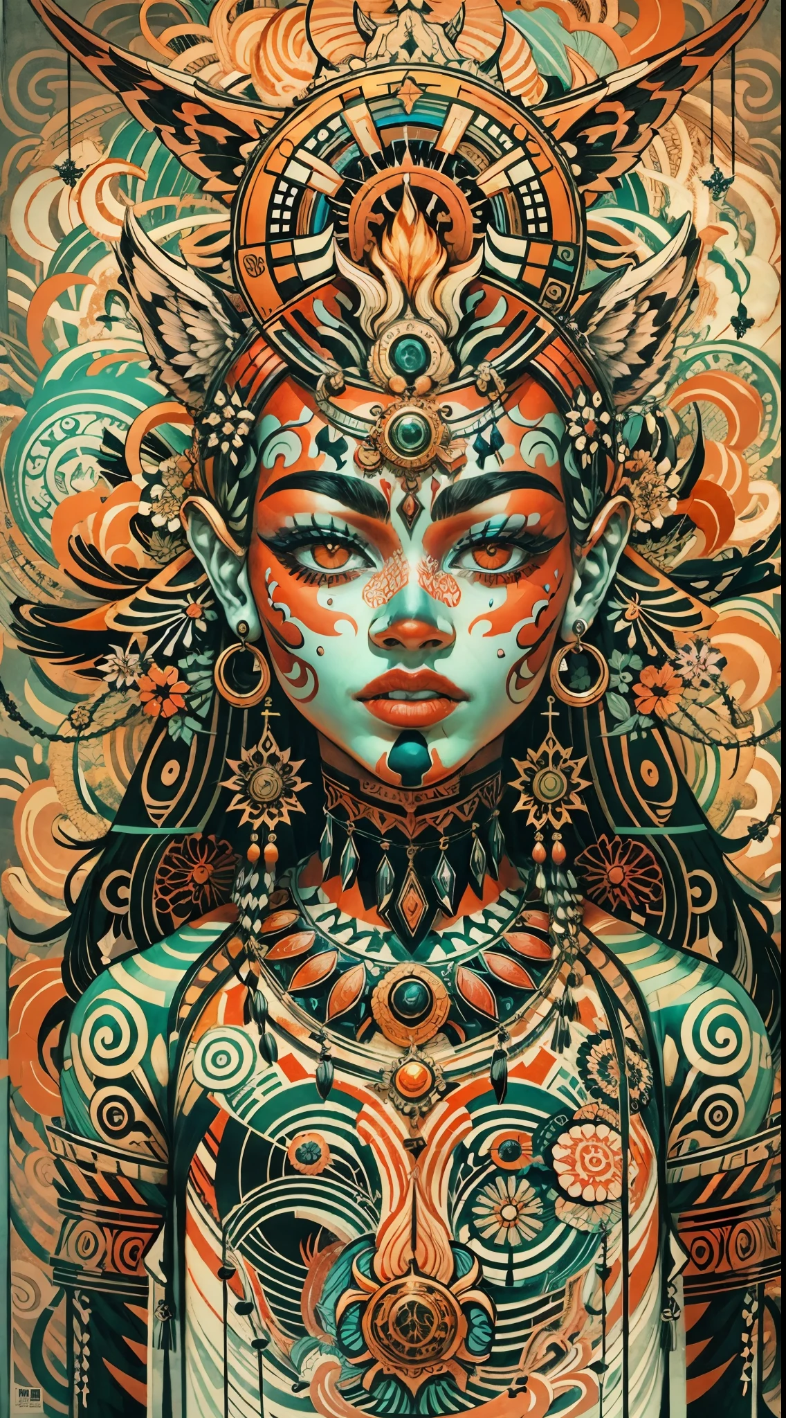 Explosive, otherworldly painting of a shape-shifting deity adorned with chaotic Totem motifs and omnipresent, piercing eyes, a breathtaking amalgamation of fine art and captivating photo collage, mesmerizing poster design:: their appearance exuded the enigmatic allure of Amazonian minimalism fused with cosmic chaos:: --ar 9:16 --s 963 --c 9 --q 2 --v 5