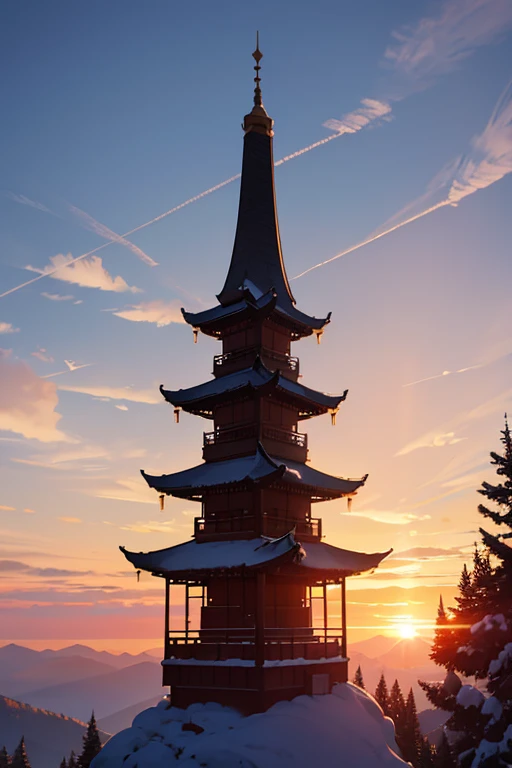 There is sunset on the mountain,There are several clouds in the distance, beautiful anime scenes, Anime landscapes, Your name, Your name电影风格, Anime beautiful peaceful scene, Xinhai sincerely. —h 2160, sunset lights 8k, Studio Ghibli Sunshine, 美丽的Anime landscapes, golden hour cinematic, beautiful cinematography, ( ( Xinhai sincerely ) )