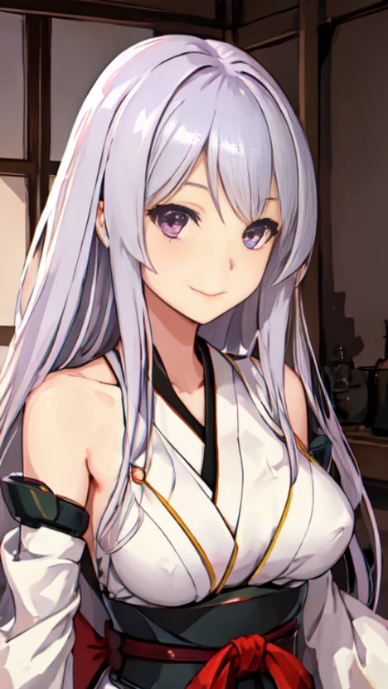 Best Quality, masutepiece, hight resolution, Solo, {_Shokaku {_Kantai Collection:1.15}, long_hair, White_hair, purple_Eyes, muneate, tasuki, Smile, 1girl in , Japanese_Clothes, distortion, , outstretched_Highly detailed arms、extremely detailed eye、extra detailed face、Insanely detailed body、Insanely detailed skin 妖艶な表情 backrooms big bust