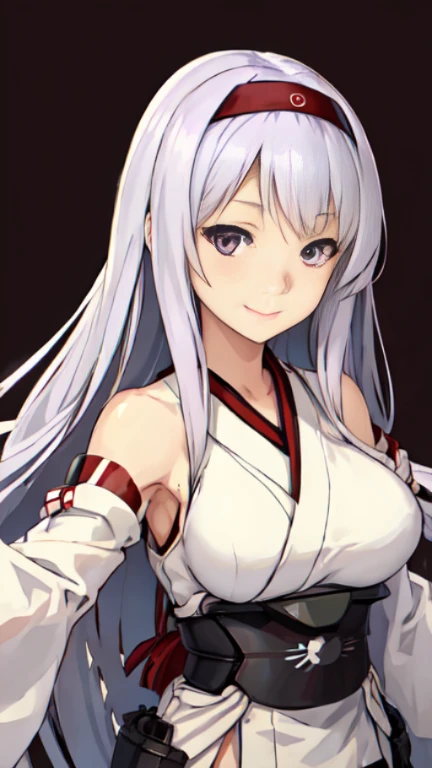 Best Quality, masutepiece, hight resolution, Solo, {_Shokaku {_Kantai Collection:1.15}, long_hair, White_hair, purple_Eyes, muneate, tasuki, Smile, 1girl in , Japanese_Clothes, distortion, , outstretched_Highly detailed arms、extremely detailed eye、extra detailed face、Insanely detailed body、Insanely detailed skin 妖艶な表情 backrooms big bust