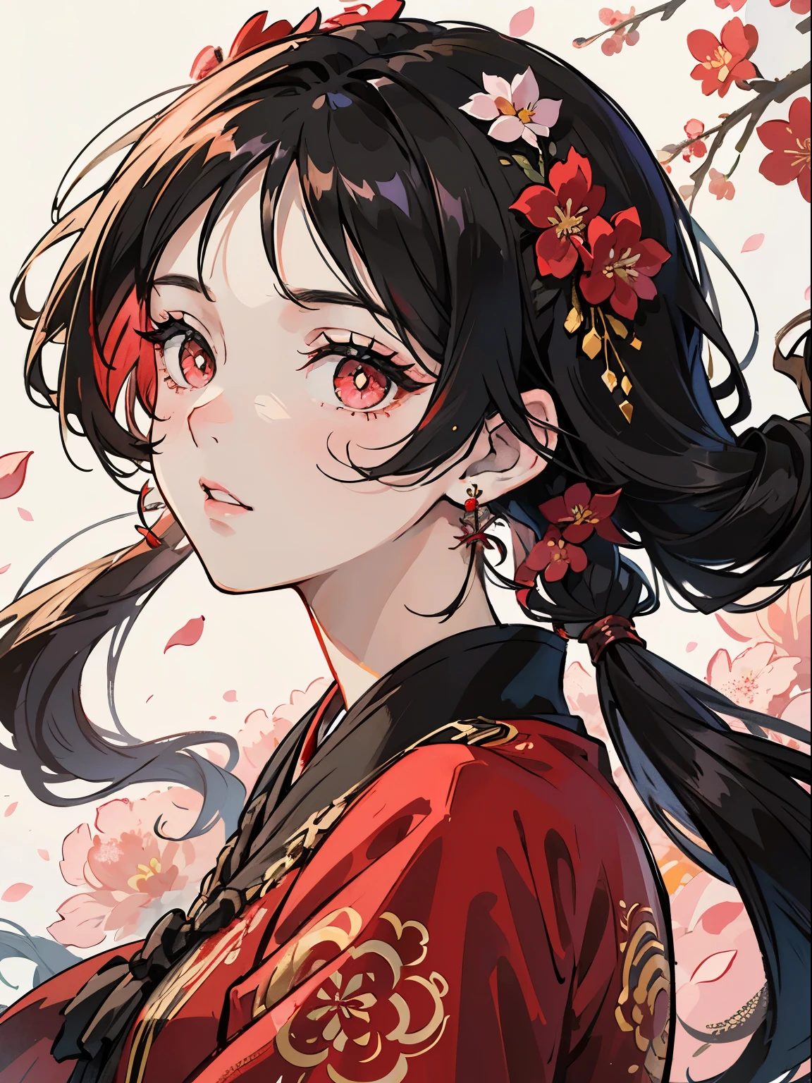 1 girl , black hair, floating hair, twintail, bloody red eyes, starry pupils, intricate damask hanfu with dark color, gorgeous accessories, wearing sakura flower earrings, FOV, f1.8, masterpiece, complex scene, flower petals flying around, front portrait shot, looking the viewer