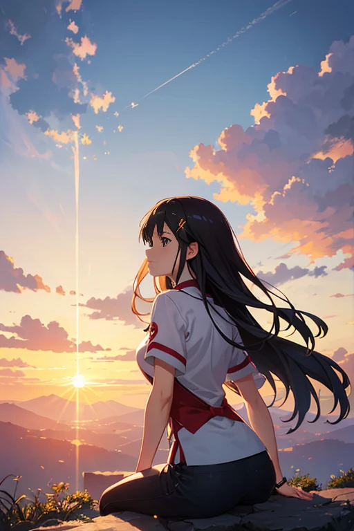 A beautiful anime landscape scene with a sunset on the mountain, distant clouds, and the warm glow of the sun. The scene is reminiscent of the "Your Name" movie style. The artwork portrays a serene and peaceful atmosphere in the anime style, with the charm of Makoto Shinkai's signature artistry. The image quality is of the highest standard, with a resolution of 2160p and stunning sunset lighting in 8k resolution. The lighting is inspired by the golden hour, creating a magical and cinematic ambiance. The scene is filled with vibrant and vivid colors, evoking the beauty of nature and capturing the essence of a breathtaking photograph. The sunlight illuminates the landscape, creating a sense of warmth and tranquility. The tag "( ( Xinhai sincerely ) )" emphasizes the sincere and heartfelt artistry in the style of Makoto Shinkai.