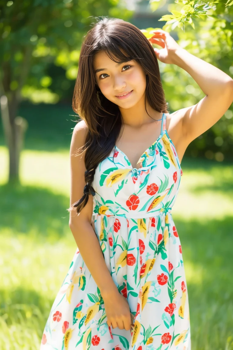 A beautiful girl wearing a summer dress with a design that doesn't show her chest.、15age、japanes、Wheat-toned skin、(heavy wind)、Allback、slightly tanned skin、((Black))、playful expression、