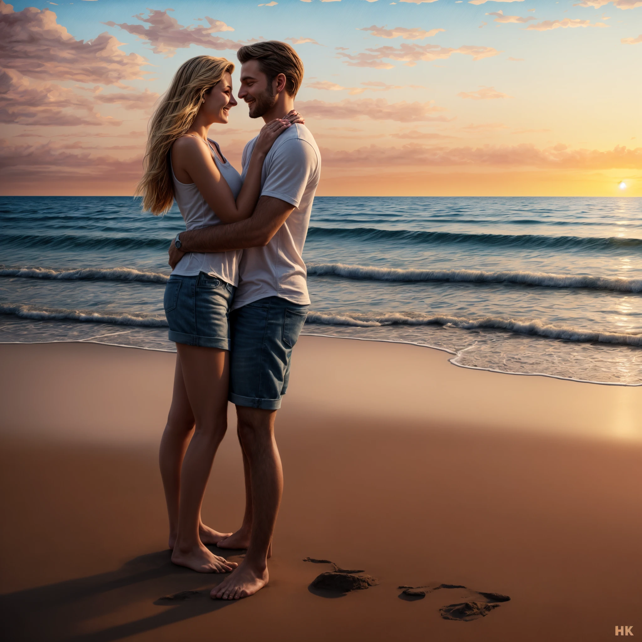 Best quality at best, tmasterpiece, The is very detailed, actual, full bodyesbian, Beautiful young couple, hugging eachother, standing at the beach, sunset backdrop, Happy expression, Detailed faces, perfect body figure, leisure wear, (wide - angle shot), (Romantic), (digitial painting:1.2), (From the hands of famous illustrators), A high resolution, 8K high-definition