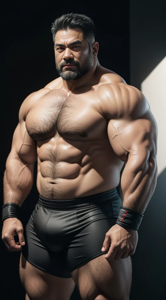 Middle aged，solo person，male people，Muscular wrestler，musculous，Stout wrestler，Asian people，uncle，60岁的Middle aged，short hair，short detailed hair，Wrestling bootull body like，Panorama Figures，WWE Ring，WWE American professional wrestling，spotlight lights，shadowing，Vision，Briefatness，age 55，Short beard,Middle aged，Tattooed with，Fingerless gloves，Wheat-colored skin，Oily skin，dark-skin，Show your pectoral muscles，Sumo wrestler，body builder，Wide sideburns，Pronounced abs，ssmile，Kouzihu，Gray hair，（Full body like：3），Fine hands，solid color backdrop，Plain white background
