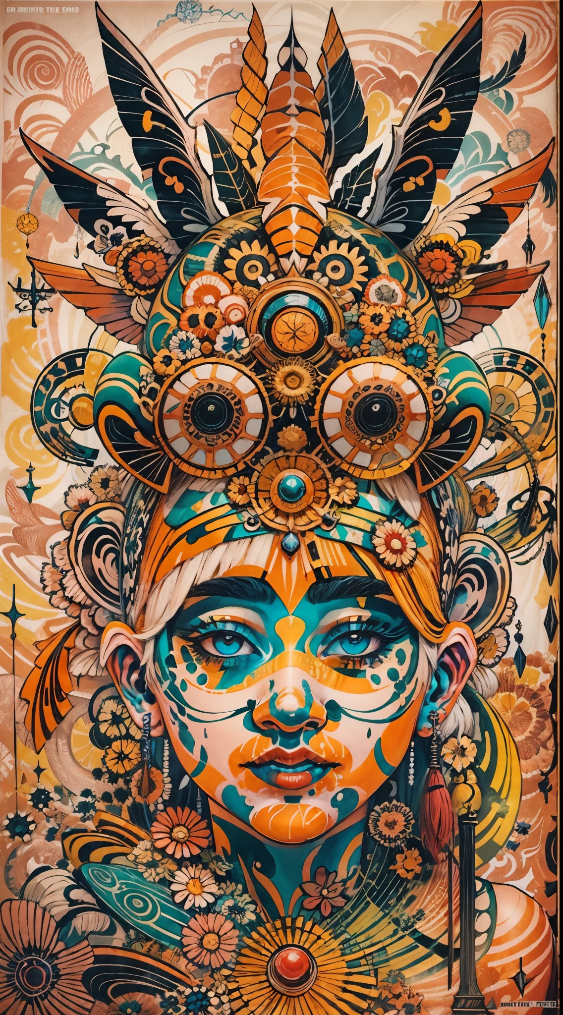 Explosive, otherworldly painting of a shape-shifting deity adorned with chaotic tribes Totemmotifs and omnipresent, piercing eyes, a breathtaking amalgamation of fine art and captivating photo collage, mesmerizing poster design:: their appearance exuded the enigmatic allure of Amazonian minimalism fused with cosmic chaos:: --ar 9:16 --s 963 --c 9 --q 2 --v 5