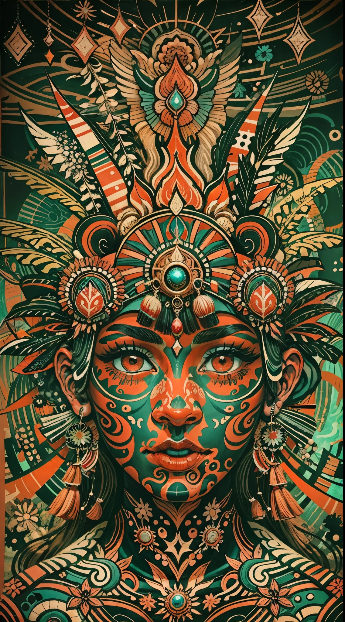 Explosive, otherworldly painting of a shape-shifting deity adorned with chaotic tribes Totemmotifs and omnipresent, piercing eyes, a breathtaking amalgamation of fine art and captivating photo collage, mesmerizing poster design:: their appearance exuded the enigmatic allure of Amazonian minimalism fused with cosmic chaos:: --ar 9:16 --s 963 --c 9 --q 2 --v 5
