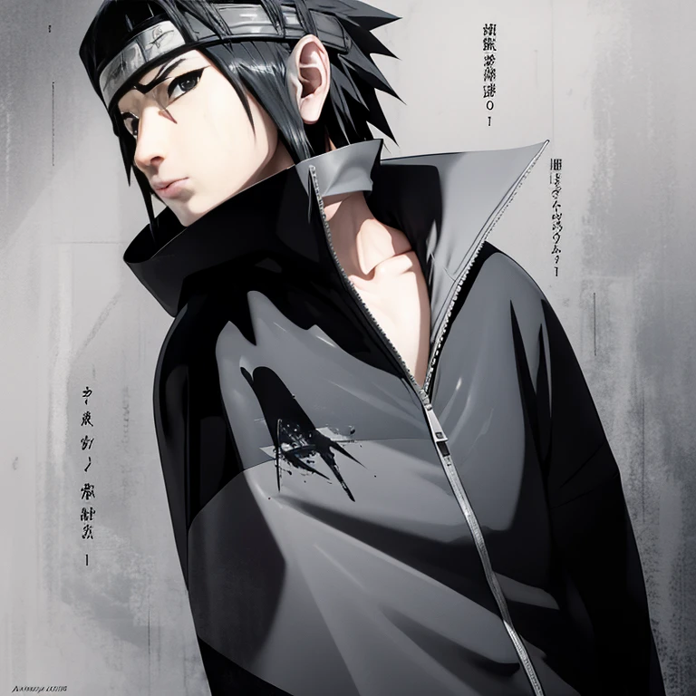 Make the image of Sasuke Uchiha how is it in the manga, image, in black and white and black jacket