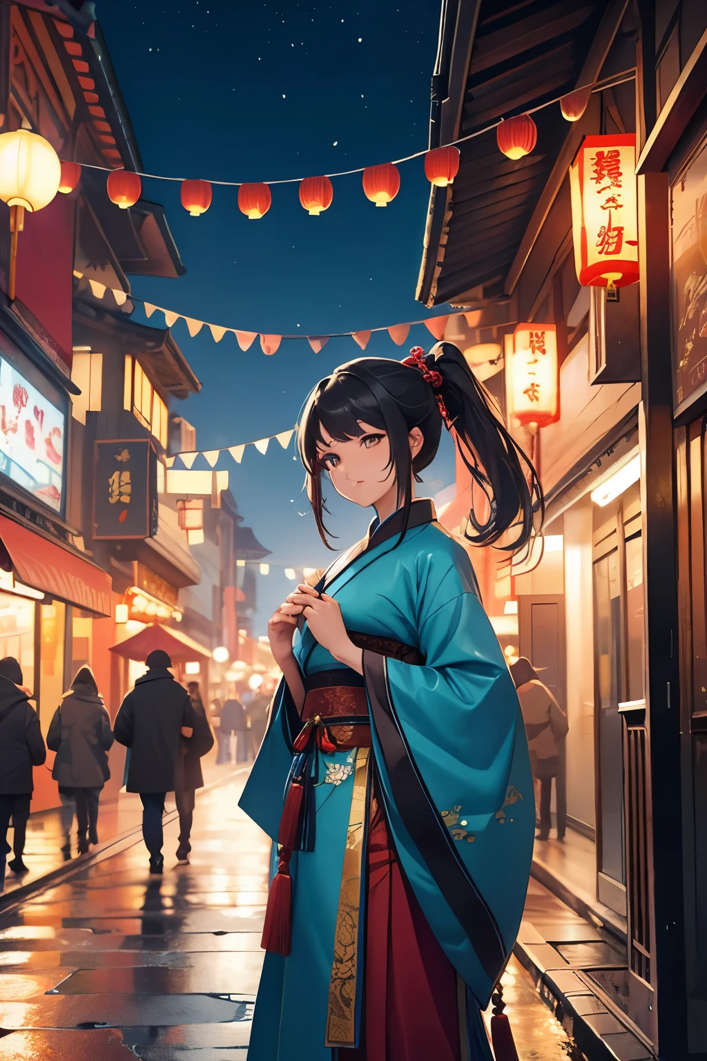 ancient china, fantasy world landscape, androgynous girl with long dark hair in a ponytail in blue Chinese traditional hanfu, green eyes, walking in the street of chinese city, night sky, chinese new year decorations, lights, paper lanterns, fireworks