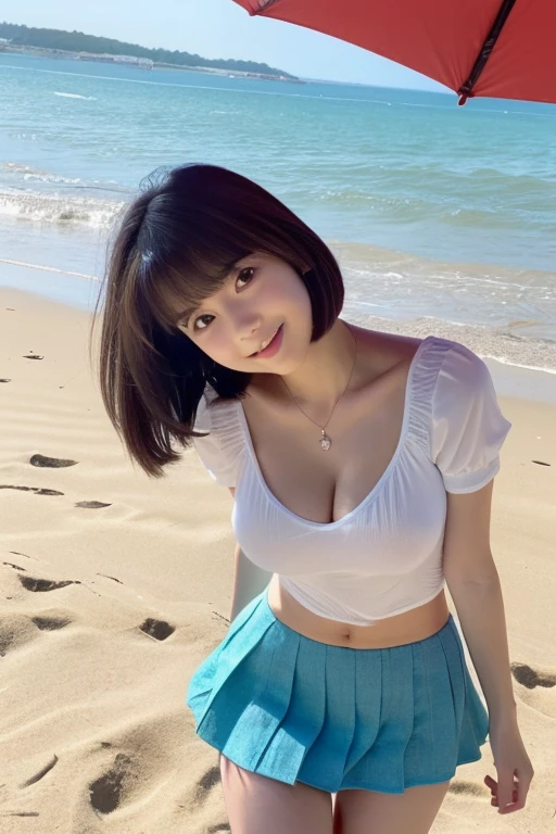 Innocent Japanese girl,High r (Detailed body,the bust is small,are small,Constricted waist,big breasts thin waist,Larger hips,Thick thighs) (detailed photo composition,sand beachに背を伸ばして立っている,FULL BODYSHOT,full body shot,Shot straight ahead,Standing,I'm looking down) (A detailed face,elongated facial contour,a little bit smile,Sharp cheeks,Round chin,neat nose) (A detailed eye,Looking at the camera,skinny cheeks,Round chin,Slender eyes,Beautiful eyes,Dark blue eyes) (Detailed hair,Bob cut hair,a little brown hair) (detailed costume,Transparent light blue short sleeve blouse,Fluttery white mini skirt) (Detailed shooting location,beach,sand beach)