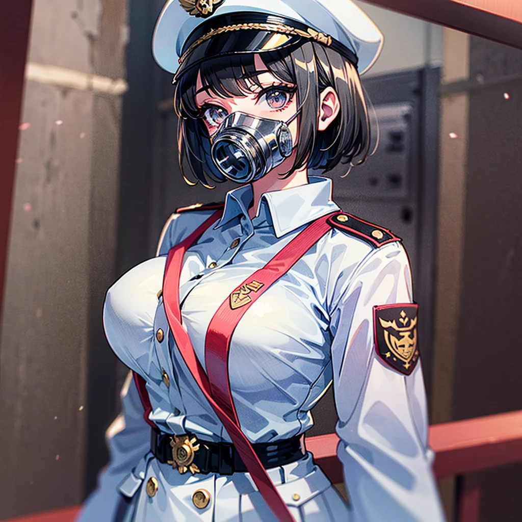 （（（​masterpiece）））、（（（Top image quality）））、（（（top-quality）））、（（highly detailed unity 8ｋwall-paper））、（Illustration of one woman）、30-years old、（Viceroy）、Black hair bob cut、（（（Gas mask covering the mouth）））、Gray eyes、（（（Sanpaku eyes）））、（（Tall））、（（huge tit））、（（Military uniforms））、（（Military Cap））、（（Military coat））、（white  clothes）、（White pants）、（White cap）、trench coat、（（（Inside the bridge of the spaceship）））