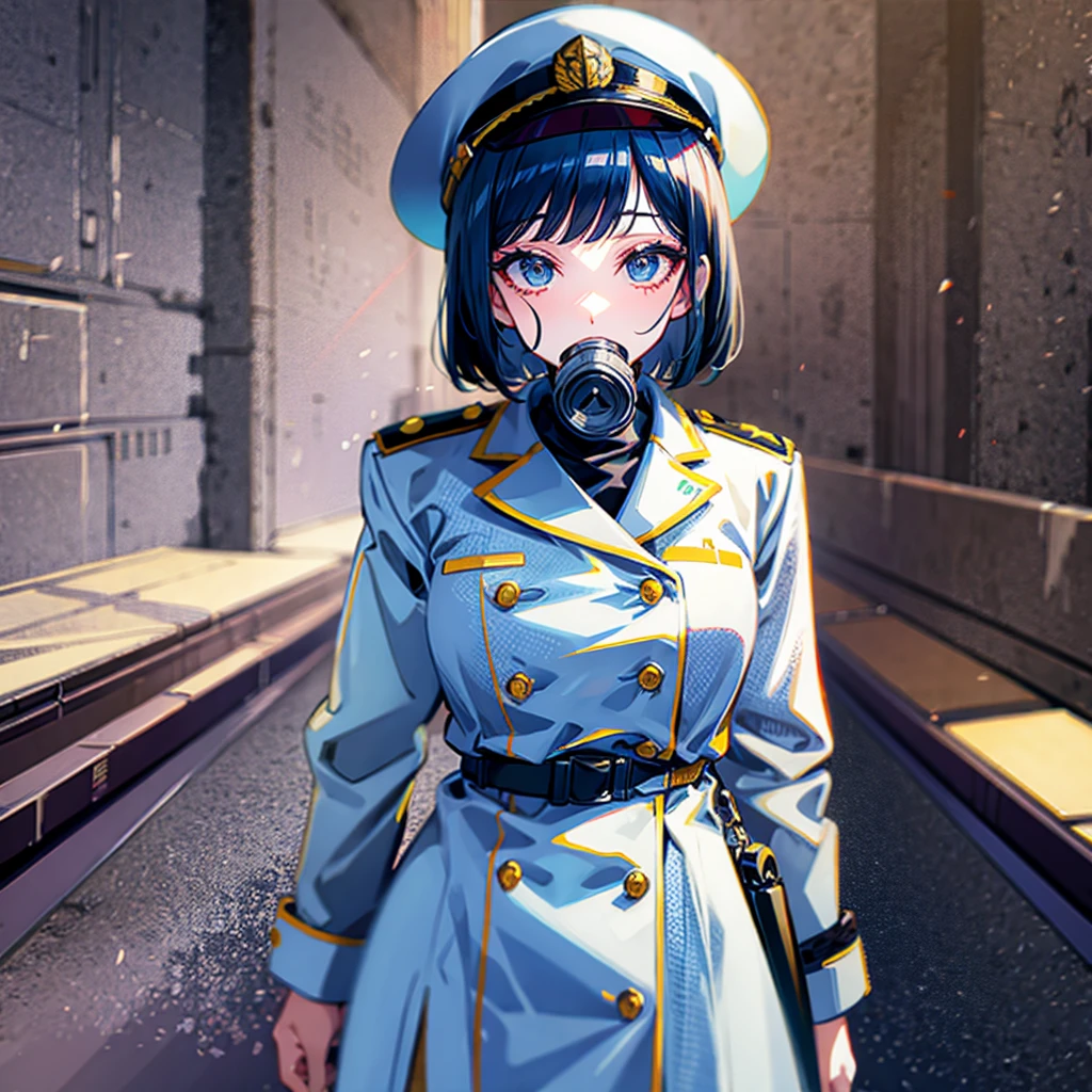 (((masterpiece)))、(((Top image quality)))、(((top-quality)))、((highly detailed unity 8kwall-paper))、(Illustration of one woman)、30-years old、(Viceroy)、Black hair bob cut、(((Gas mask covering the mouth)))、Gray eyes、(((Sanpaku eyes)))、((Tall))、((huge tit))、((Military uniforms))、((Military Cap))、((Military coat))、(white clothes)、(White pants)、(White cap)、trench coat、(((Inside the bridge of the spaceship)))