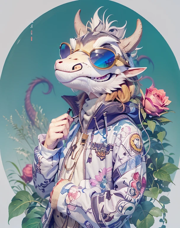 Perfect alignment, Cute dragon wearing a jacket，Crystal Vase，Rose flower, Wearing sunglasses, cheerfulness, Standing position, Abstract beauty, Centered, Looking at the camera, Facing the camera, Approaching perfection, Dynamic, Highly detailed, Smooth, Sharp Focus, 8K, hight resolution, Illustration, art by carne griffiths and wadim kashin, White background、Colorful Sunglasses、wearing a baseball cap