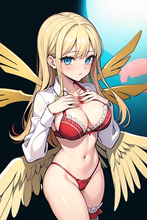 ((Best Quality)), ((Masterpiece)), (detailed), perfect faces, blonde hair, blue eyes, large breast, sexy, red bra, red lingerie, red underwear, cum in pussy, breast milk, angel wings