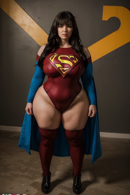 bbw superheroine is standing exhausted and weak, sweating and urinating, full body