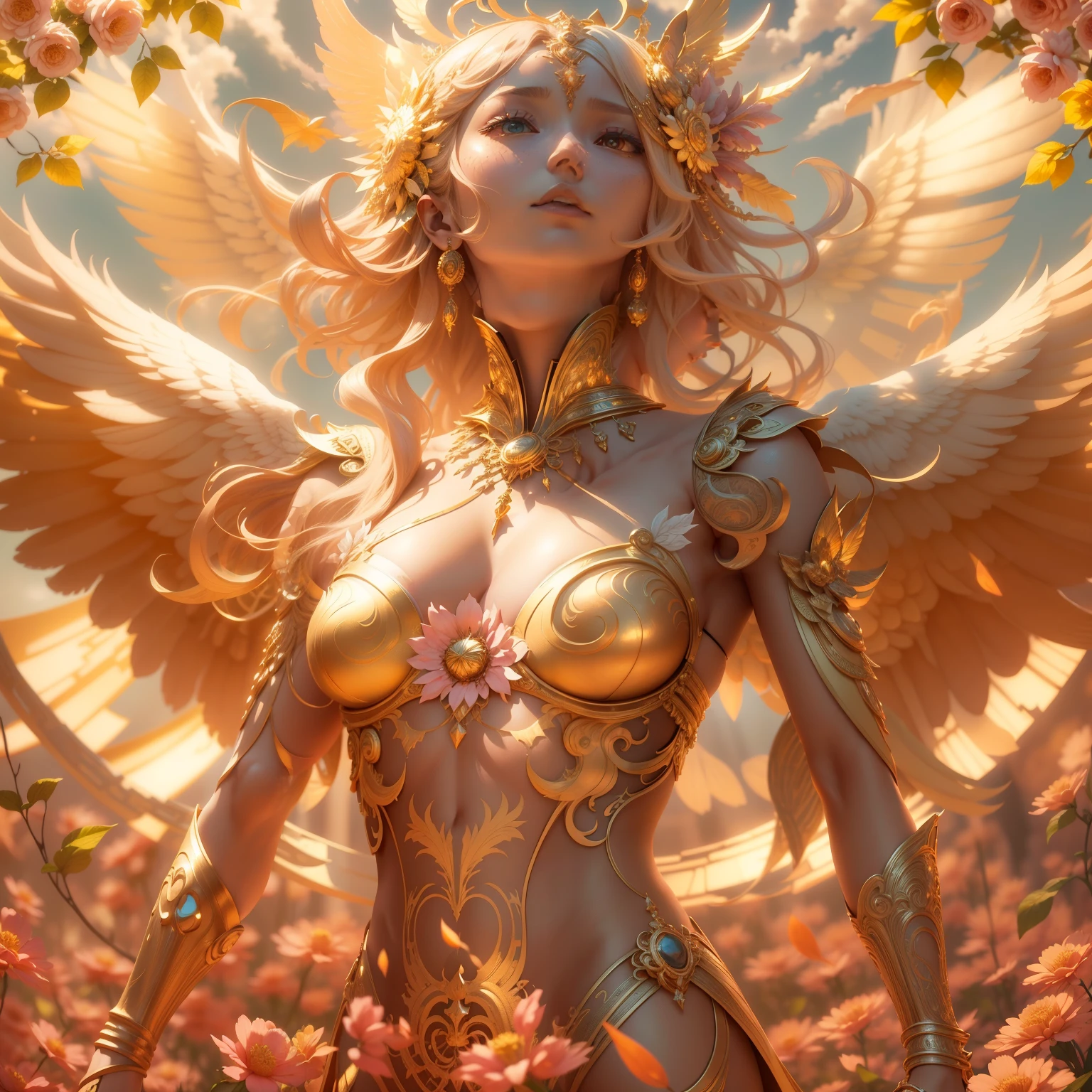surrealism, conceptual art, classicism, backlit lighting, full bloom, optical , wide angle full body, in a panoramic view, Ultra-wide angle full body，projected inset, hyper HD, masutepiece, Textured skin, Super Detail, High quality, awardwinning，It has large golden flowers, enlightenment. Convoluted, full body Esbian, Sun goddess blessing the masses, Flying，Highly detailed full-body shot of the goddess, Solarpunk Phoenix, symmetrical spectacular fantasy art, Rendered Unreal Engine, goddess of light, gold ethereal light, ethereal angelic being of light, art nouveau octane render, Convolutedな華やかなアニメCGIスタイル