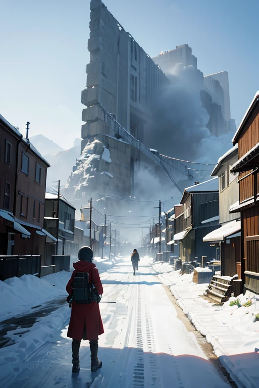 一个男人和一个女人在雪地里行走的anime scene, attack on titan scenery, (attack on titan animation), Screenshot of the 2012 animation, from attack on titan, anime opening, attack on titan, screenshot from the anime film, Opening scene, anime screenshot, anime scene, TV animation stills, Ski slopes