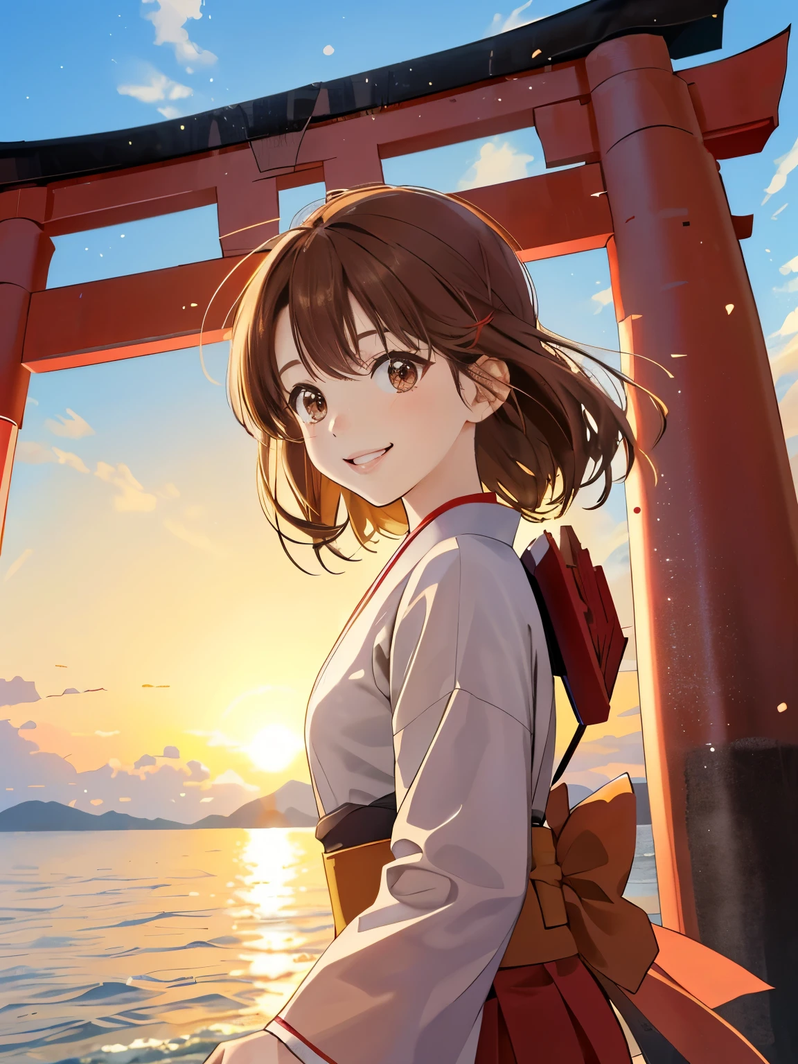 New Year in Japan, Sunny appearance , brown haired , kindly smile , The background is the shining torii gate of a shrine floating on the seashore. , Brown eyes, a beauty girl, The morning sun rises from a distance