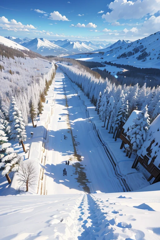 (best quality,4k,8k,highres,masterpiece:1.2), ultra-detailed, realistic, snowy landscape, (Attack on Titan scenery), 2012 anime screenshot, from Attack on Titan, anime opening, attacking titans, anime movie screenshot, opening scene, anime screenshot, anime scenery, TV anime stills, ski resort