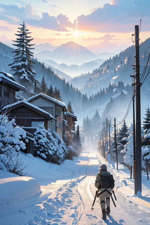 (best quality,4k,8k,highres,masterpiece:1.2), ultra-detailed, realistic, snowy landscape, (Attack on Titan scenery), 2012 anime screenshot, from Attack on Titan, anime opening, attacking titans, anime movie screenshot, opening scene, anime screenshot, anime scenery, TV anime stills, ski resort