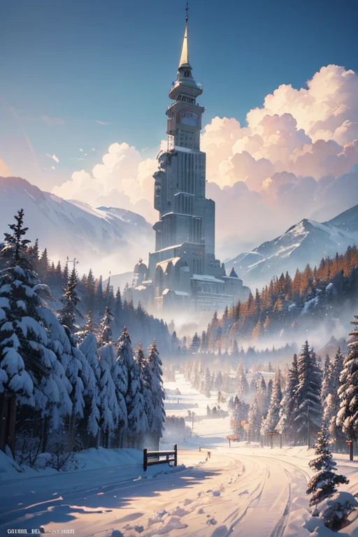 (best quality,4k,8k,highres,masterpiece:1.2), ultra-detailed, realistic, snowy landscape, (Attack on Titan scenery), 2012 anime screenshot, from Attack on Titan, anime opening, attacking titans, anime movie screenshot, opening scene, anime screenshot, anime scenery, TV anime stills, ski resort