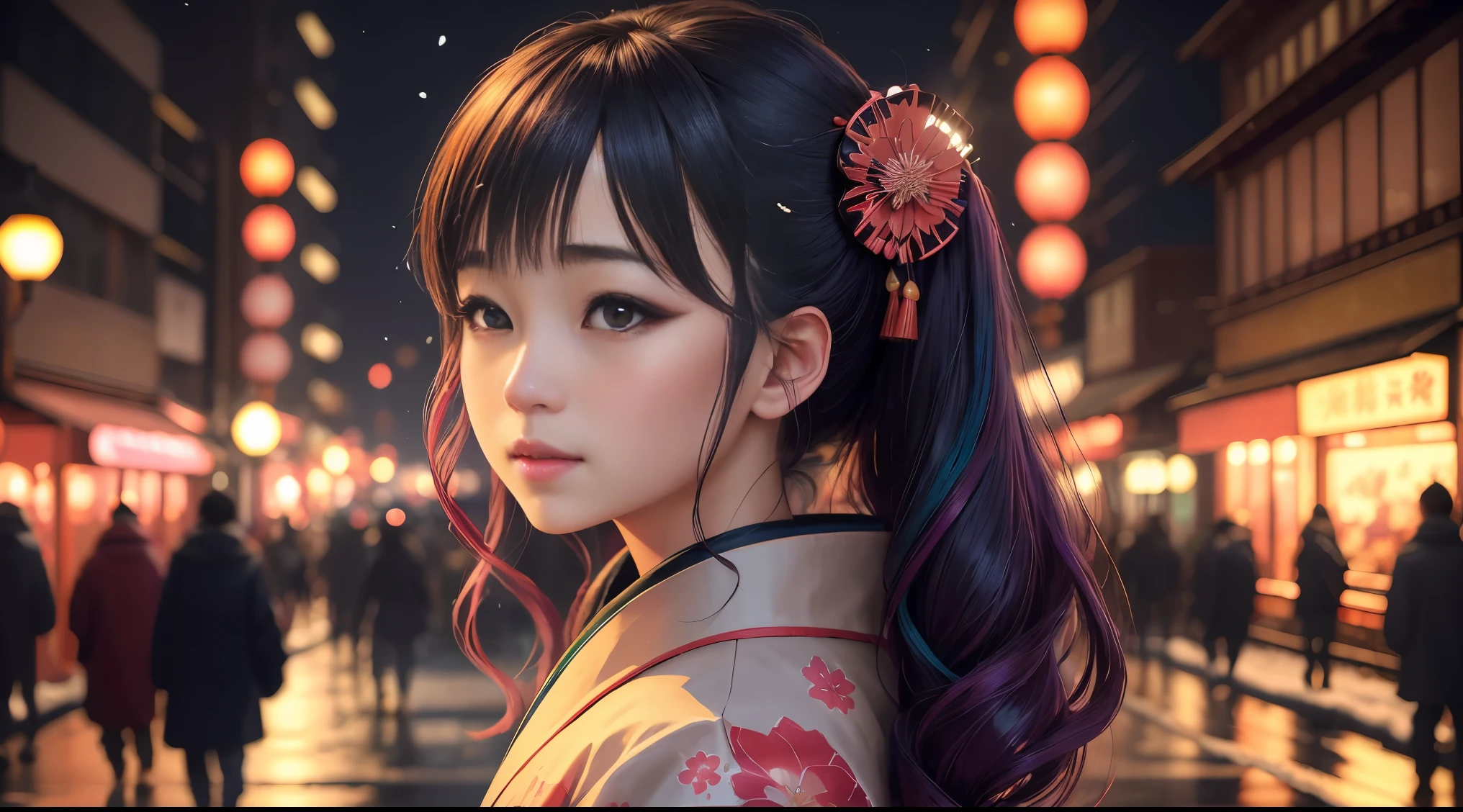(logo、masterpiece、8K、Tabletop、RAW Photos、wonderful、最high quality、フォトリアリスティックでVery detailedな CG 複合 8K 壁紙、high quality、Very detailed、Narrative poem、Particle Effects、Dynamic Effects、Depth of the Boundary、Cinematic Light、Lens flare、Ray Tracing)、 (One beautiful woman wearing a yukata、White yukata、Light purple pattern)、Black-haired、High definition skin、Very fine、Fine skin texture、Beautiful Face、True Face、Beautiful details in the eyes、Realistic eyes、Beautifully detailed eyes、Realistic Skin、Beautiful Skin、Surreal、Smiling Eyes、Hair and light eyes、vivid、Colorful lights and bokeh、plump lower lip、Pink Lips、Hair flutters in Wind、Hair bounces、wonderful景色、night、evening、Wind、moonlight、moonlight、light