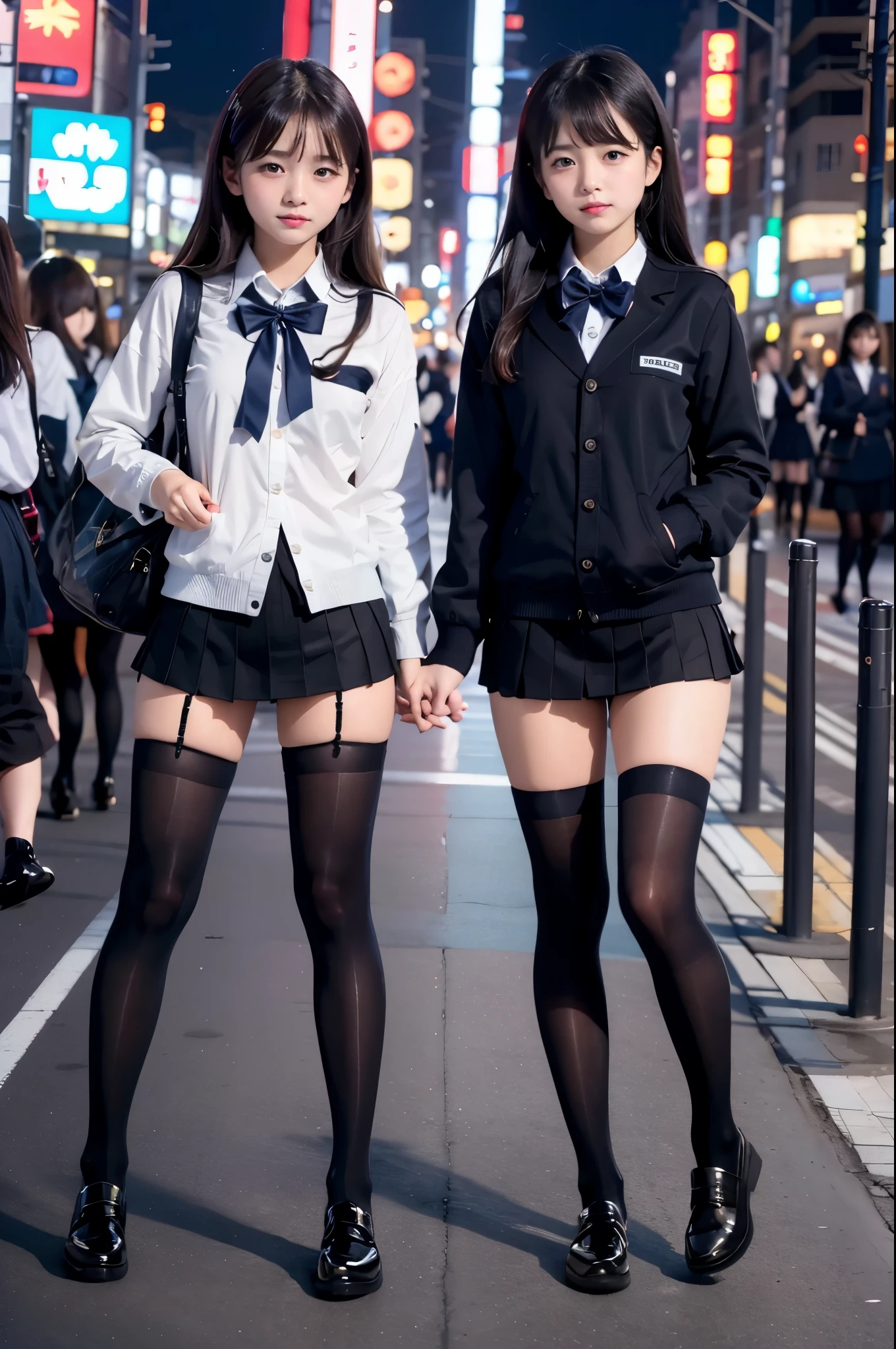 high-angle shot、street snap、A tall, baby-faced gal woman wearing a short skirt and bow tie stands on a neon street in the middle of the night.２There are people、(2 girls)、Phenomenally cute schoolgirl、Japanese girl&#39;s green uniform、Winter clothes、Wearing Japan school uniform、Japanese school black uniform、Wearing a surreal high school uniform、Girl in Uniform、Wearing a dark blue uniform、Schoolgirl Pose、full body Esbian、Nice skin、glistning skin、lovely thighs、long legged、wide thighhighs、(Micro Mini Skirt)、glowing thigh、(opaque black knee high socks)、(I always wear knee socks that go above the knee.)、I'm wearing leather shoes、High School in Japan 、乃木坂アイドル、韓国アイドル、Invite you inside、Inviting eyes