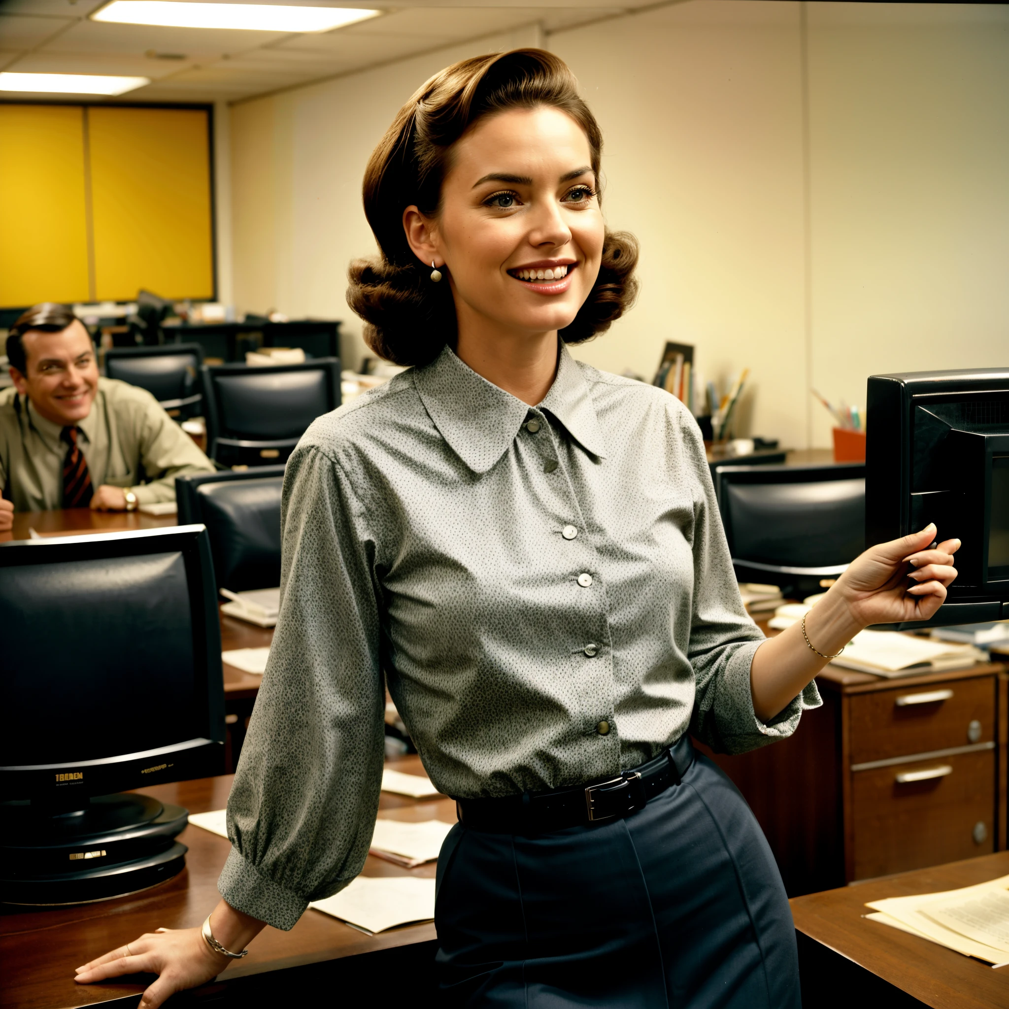 Vintage photo taken in 1955,Photo of a woman wearing office clothes, 50 years office, mad men tv scenes, Happy, Light brown hair, Alone