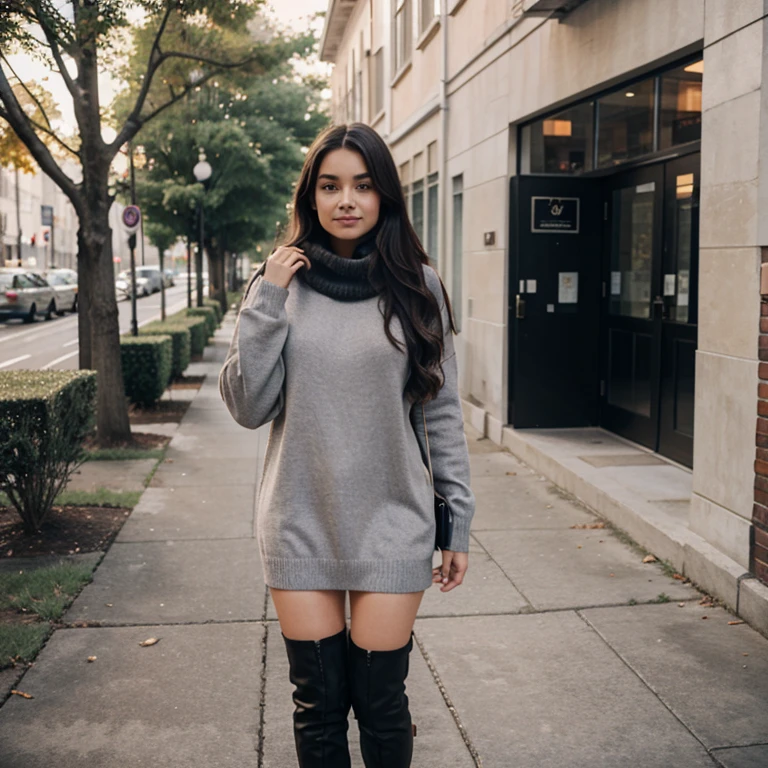 Stylish woolen sweater dress paired with knee-high boots