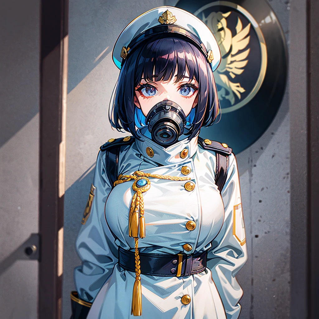 （（（​masterpiece）））、（（（Top image quality）））、（（（top-quality）））、（（highly detailed unity 8ｋwall-paper））、（Illustration of one woman）、30-years old、（Viceroy）、Black hair bob cut、（（（Gas mask covering the mouth）））、Gray eyes、（（（Sanpaku eyes）））、（（Tall））、（（huge tit））、（（Military uniforms））、（（Military Cap））、（（Military coat））、（white  clothes）、（White pants）、（White cap）、trench coat、（（（Inside the spaceship）））