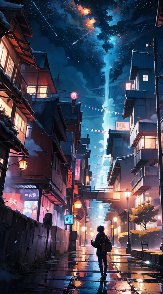 Anime boy standing on rock modern bridge、looking at the stars, Shinkai sincerely 西里尔·罗兰多, Anime Art Wallpaper 6k, Anime art wallpaper 4k, Anime art wallpaper 8K, author:Shinkai sincerely, inspired by Cyril Rolando, Dan Mumford art style, Stunning wallpapers, author:By Yumi