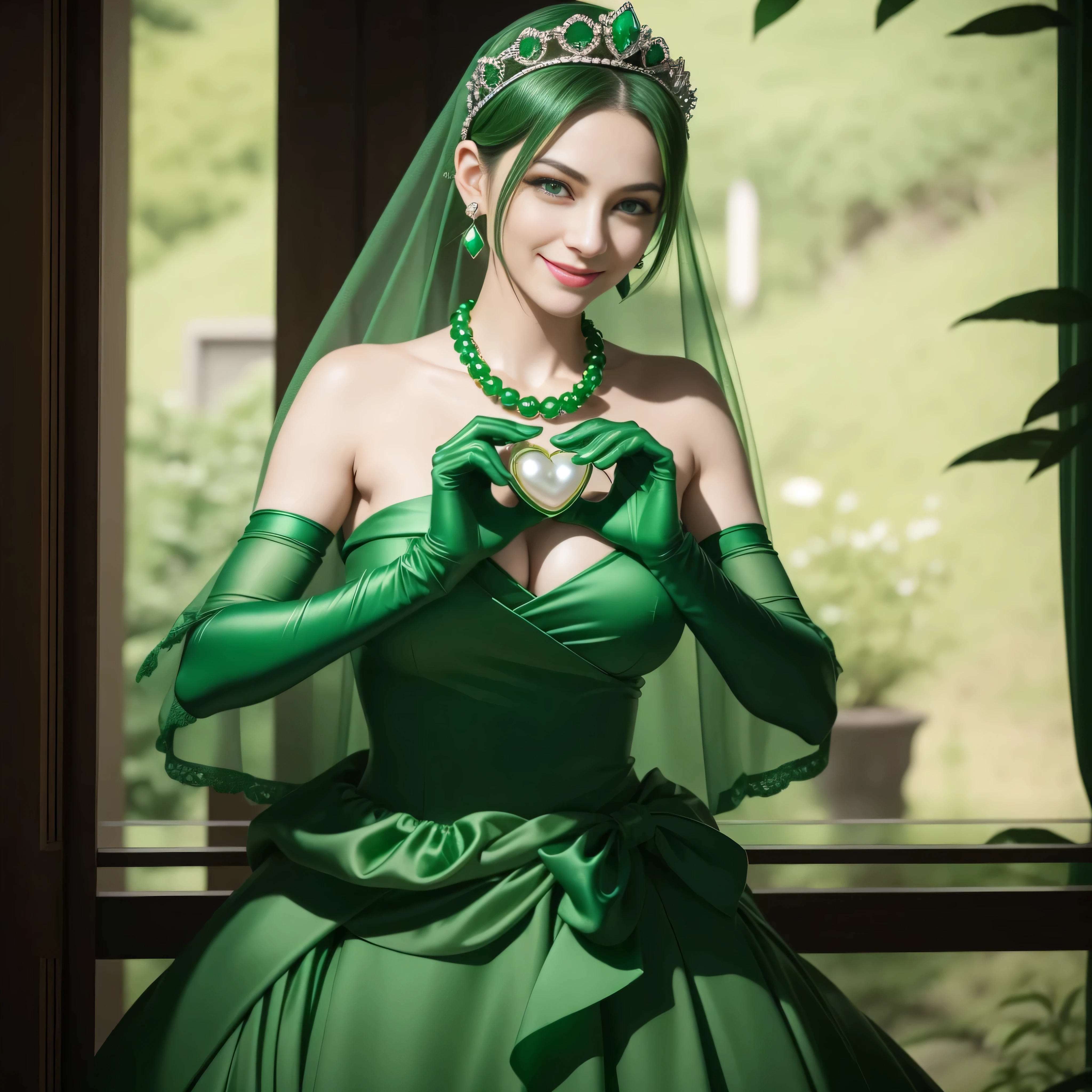 emerald tiara, Green Pearl Necklace, Boyish very short green hair, lipsticks, Japan woman smiling, very short short hair, big breasts beautiful, Green eyes, Long green gloves made of satin material, Green eyes, Emerald Earrings, green vale, 両Heart in the hand, Heart in the hand