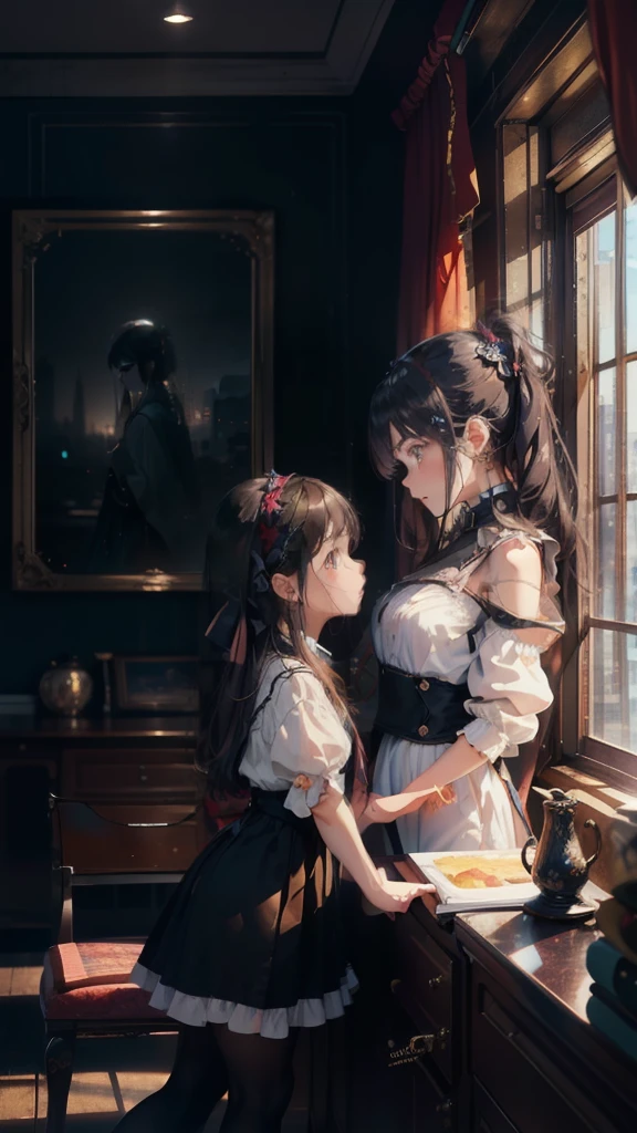 two  girls in a room, soft light,star-sky-through-window,night city lights background,(best quality,4k,8k,highres,masterpiece:1.2),ultra-detailed,realistic:1.37,HDR,UHD,studio lighting,ultra-fine painting,sharp focus,physically-based rendering,extreme detail description,professional,vivid colors,bokeh,portraitantasy art,Highest image quality,Hyperrealist (8k),ultra-realistic,best quality, high quality, high definition,