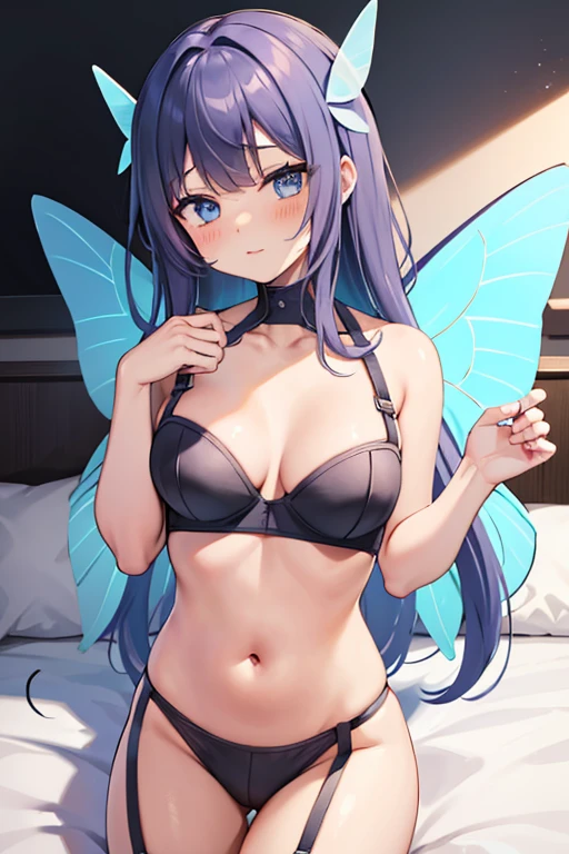 ((Best Quality)), ((Masterpiece)), (detailed), purple hair, blue eyes, hair ornament, ((butterfly wings)), (((black bra))), (((black underwear))), (((black lingerie))), sexy, large breast, bed