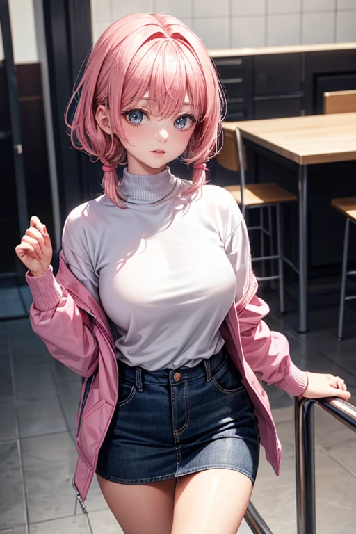 (best quality, 4k, 8k, highres, masterpiece:1.2), Pink Hair、poneyTail、Shorthair。The jacket is a fluffy white sweater。I shyly lifted the hem of my miniskirt with both hands.、Show me your panties。Breasts are big and beautiful。