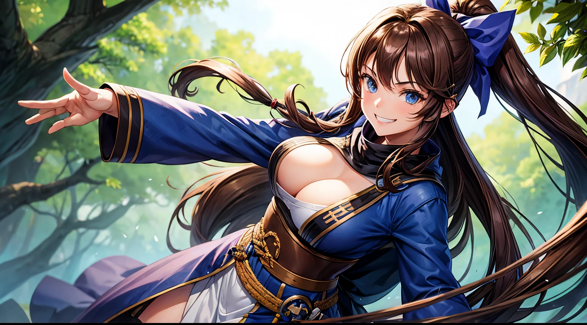 1girl, solo, village, trees, brown hair, long hair, curly hair, ponytail, large breasts, ninja, blue eyes, katana, grin, looking at the viewer, standng, hair ribbon