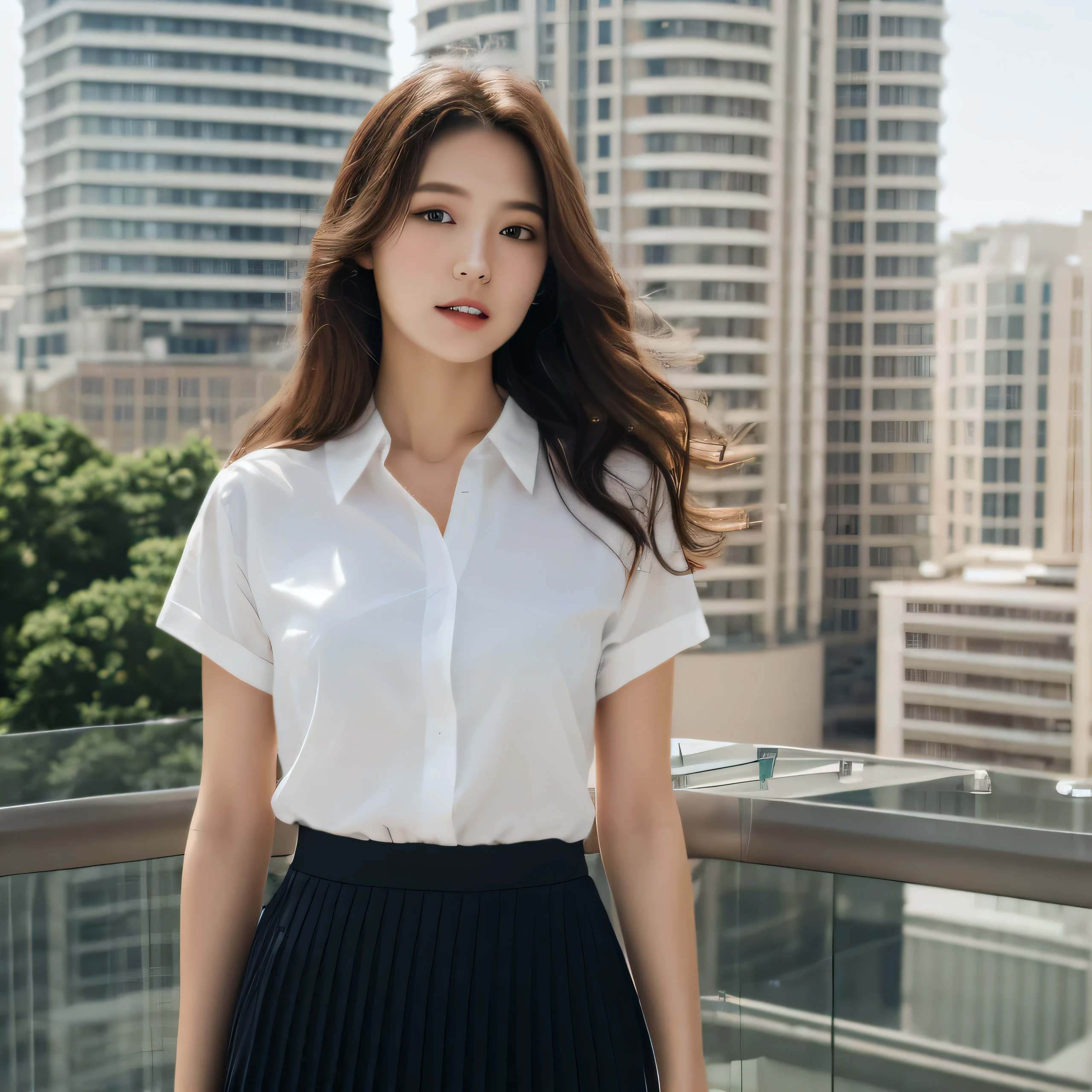 （Best quality at best，A high resolution，tmasterpiece：1.3），a tall and beautiful woman，Slim abs，dark brown  hair，loose wavy shape，，White button-down shirt，a black pleated skirt，（Modern architectural background），Facial details and skin textures are beautifully rendered，詳細な目，二重まぶた