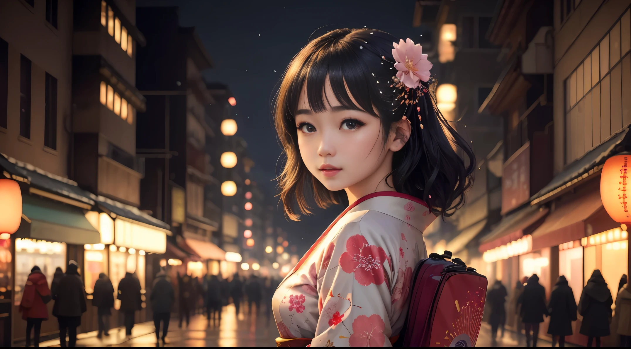(best quality,4k,8k,highres,masterpiece:1.2),ultra-detailed,(realistic,photorealistic,photo-realistic:1.37), HDR,UHD,studio lighting,ultra-fine painting,sharp focus,physically-based rendering,extreme detail description,professional,vivid colors,bokeh, portraits,anime, vibrant colors, soft lighting, glowing lanterns, cherry blossom petals falling, snow-covered streets, bustling crowd, a girl in a traditional kimono, detailed kanzashi hair accessory, colorful fireworks in the night sky, paper lanterns illuminating the surroundings, vibrant cityscape with tall buildings, reflection of neon lights on wet pavement, serene expression on the girl's face, joy and excitement in her eyes, traditional Japanese decorations, bustling shopping streets, temple gates adorned with lanterns, intricate patterns on the kimono, intricate eye makeup, delicate eyelashes, cute manga-style facial features, stylish hair with anime-style color gradient, atmospheric perspective showcasing the depth of the cityscape, symmetrical composition emphasizing the girl as the focal point, animated expressions and dynamic poses, New Year countdown displayed on electronic billboards, glittering stars in the sky, slight hint of a winter breeze, festive atmosphere, anticipation and hope for the upcoming year.