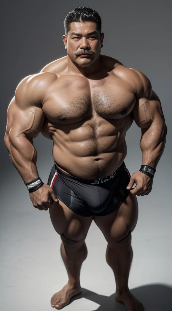 Middle age，the only person，male people，Muscle wrestler，Muscular，Stout wrestler，Asian people，uncles，60岁的Middle age，short detailed hair，short detailed hair细节，Wrestling Bootle Body Figure，Panorama characters，WWE ring，WWE American professional wrestling，spotlight lights，cel shadow，imagining，brief，age 55，short mustache,Middle age，Tattoos are，Fingerless gloves，Wheat-colored skin，oilly skin，Dark skin，Show off your chest muscles，Sumo wrestler，body builder，Wide sideburns，Pronounced abs，ssmile，kouzi lake，whaite hair，（Full body like：3），Hands are very thin，solid color backdrop，with a pure white background