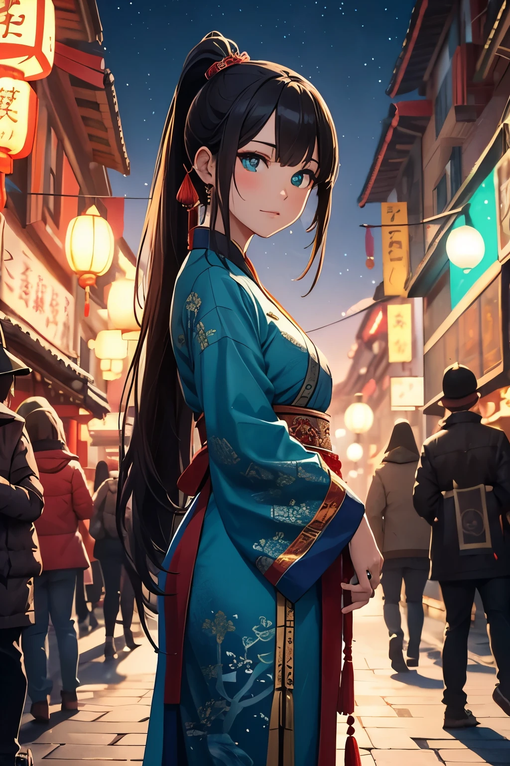 ancient china, fantasy world landscape, androgynous girl with long dark hair in a ponytail in blue Chinese traditional hanfu, green eyes, walking in the street of chinese city, night sky, chinese new year decorations, lights, paper lanterns, fireworks, people in hanfu and various demons and ghosts on the background