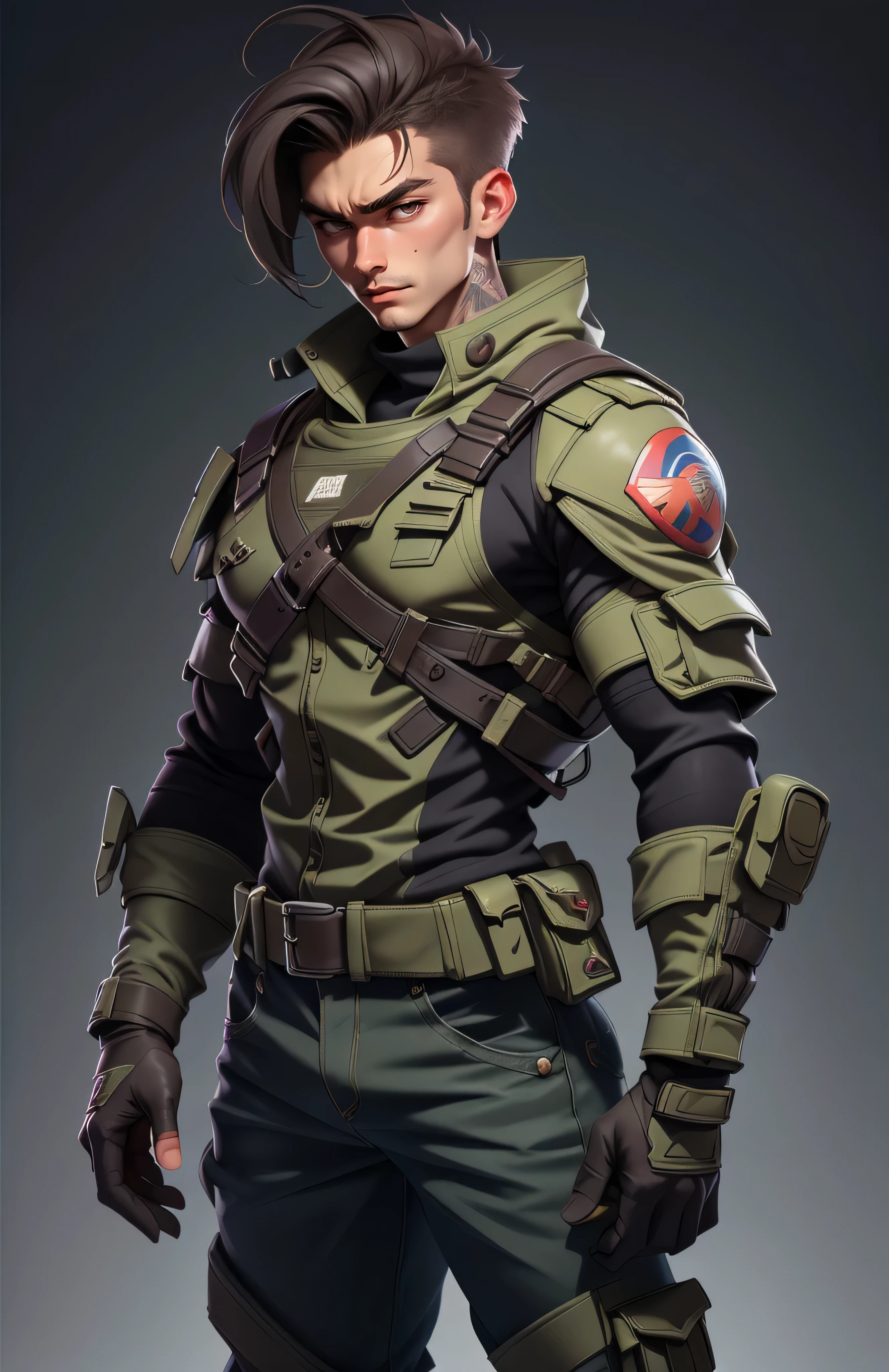 11:23(((Best quality at best: 1.4))),(无与伦比的tmasterpiece), (hyper HD),(Hyper-realistic 8k CG)、(dark colored hair) ((( body))), (((ung person))), 25-year-old American soldier with perfect body,,Beautiful and well-groomed face,muscular body:1.2,Plain jacket with details, (Pictures from head to thighs), Complex equipment,,long trousers,The clothes inside are dark, ), fit and muscular body, military shirt, bshoulders, dark gold hair, tattooed arms, Full detail on the face, high detal, actual, Photoquality, high high quality, (photoactual:1.4), The content is very detailed, tmasterpiece, high high quality阴影,