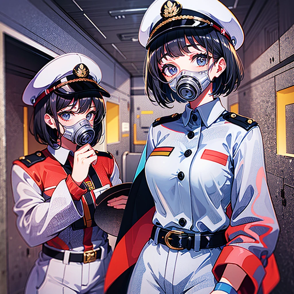 (((masterpiece)))、(((Top image quality)))、(((top-quality)))、((highly detailed unity 8kwall-paper))、(Illustration of one woman)、30-years old、(Viceroy)、Black hair bob cut、(((Gas mask covering the mouth)))、Gray eyes、(((Sanpaku eyes)))、((Tall))、((huge tit))、((Military uniforms))、((Military Cap))、((Military coat))、(white clothes)、(White pants)、(White cap)、trench coat、(((Inside the spaceship)))